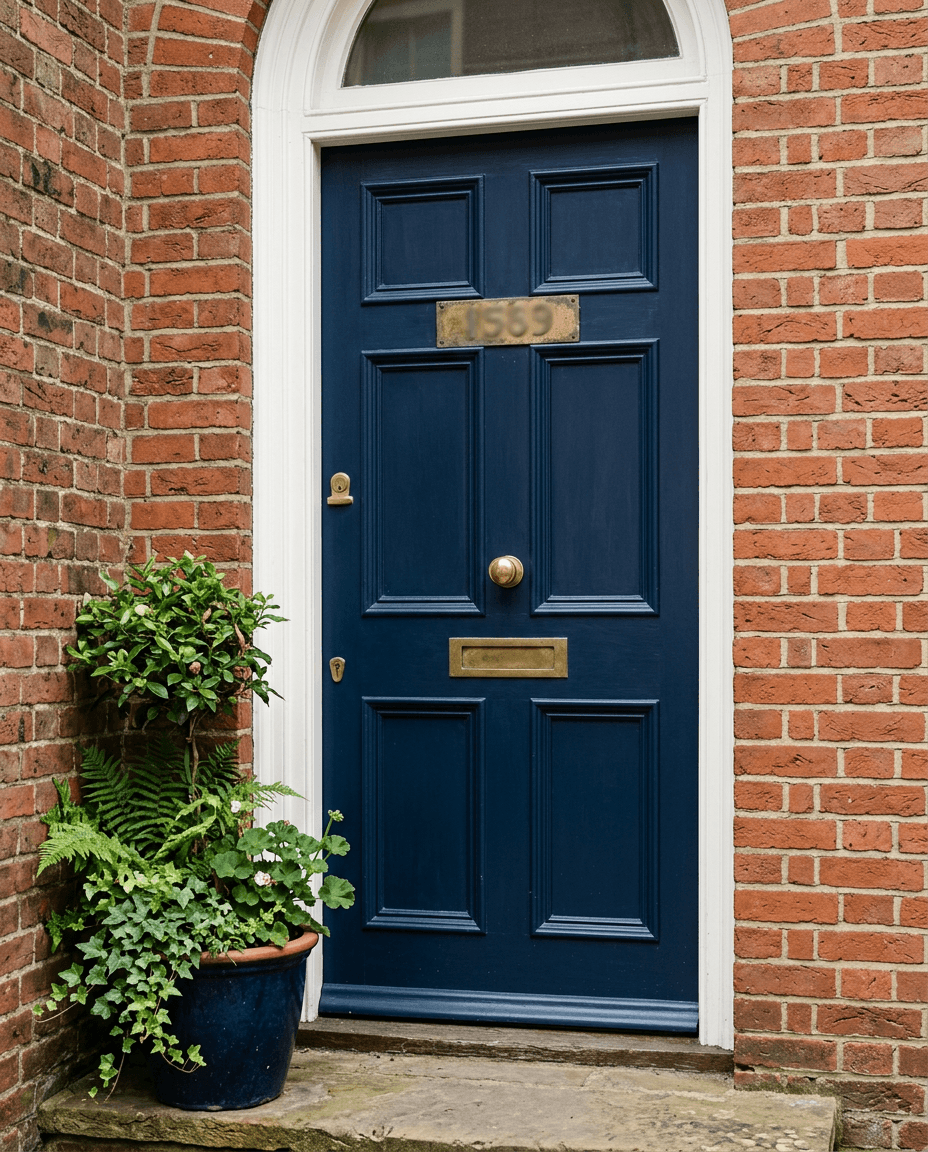 Close-up of a navy front door with brass hardware and fresh trim