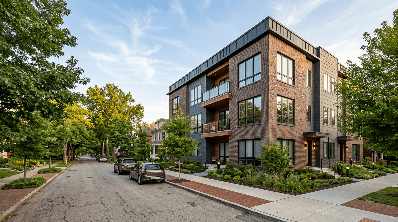 Brick multifamily residences on a tree-lined Columbus street at dusk
