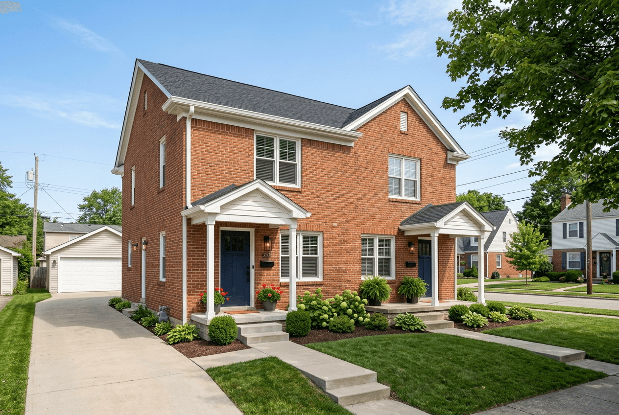 Brick duplex with navy front doors