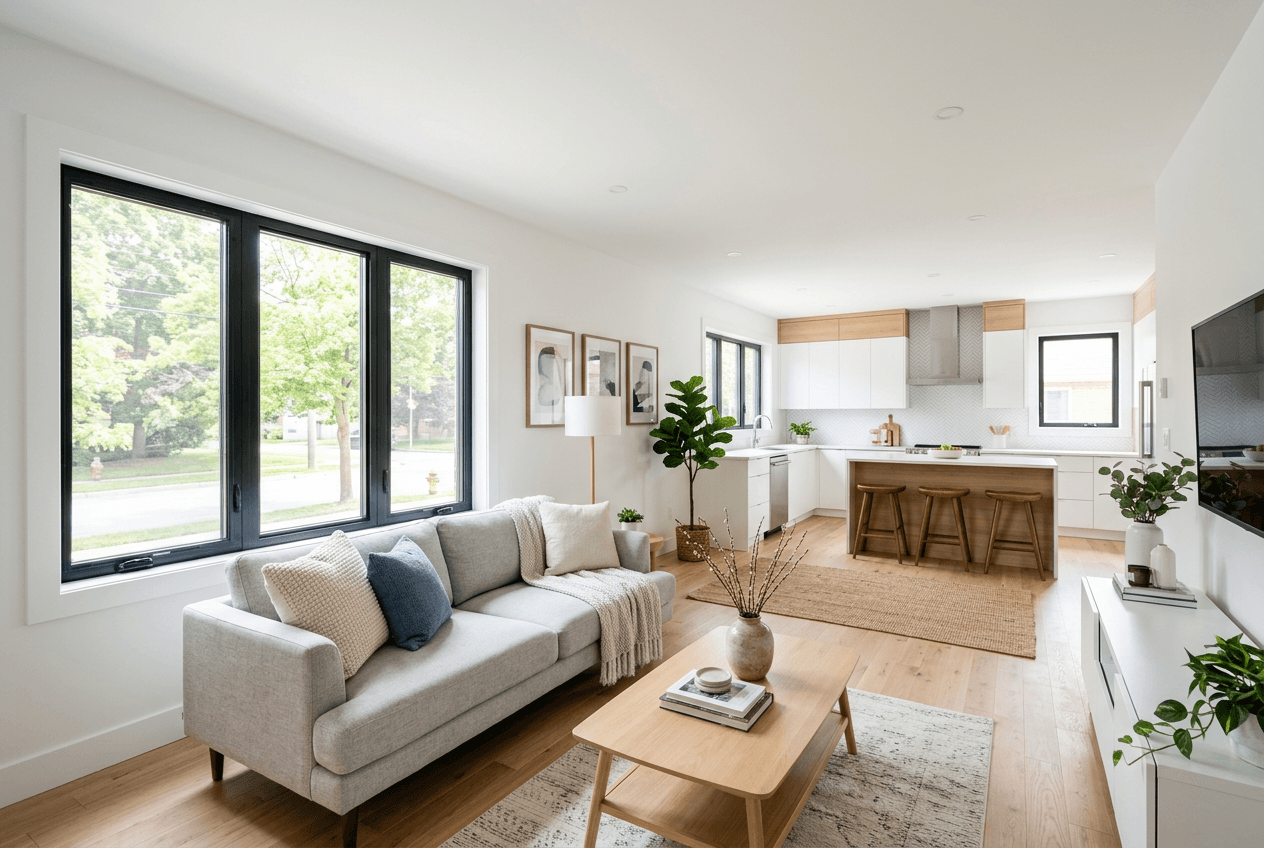 Bright living room with light oak floors