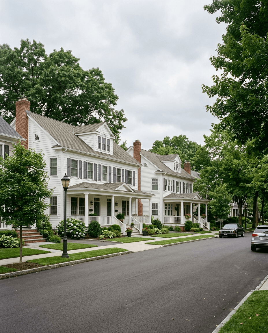 Colonial-style two-family homes on a New Jersey street