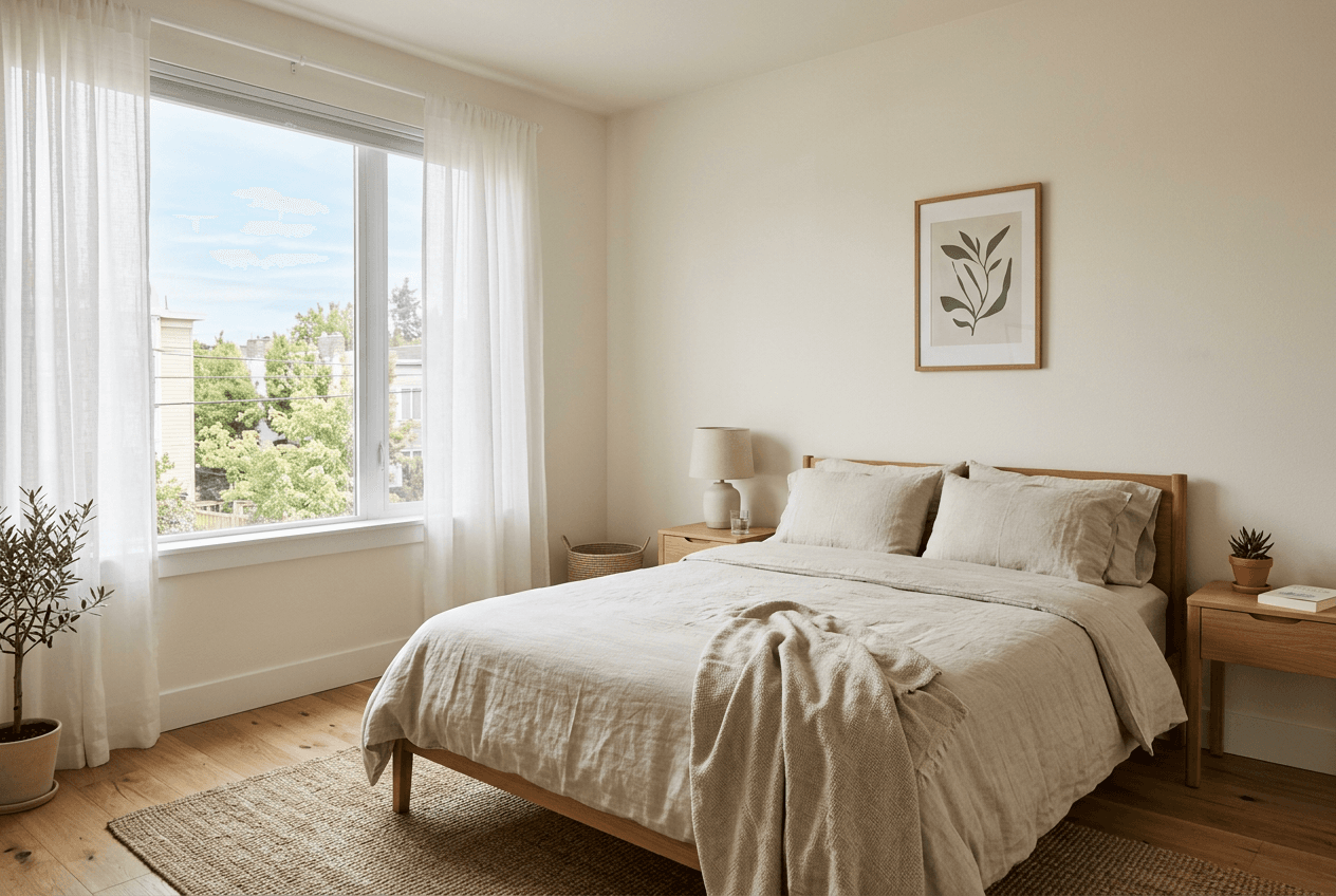 Bedroom with sheer curtains